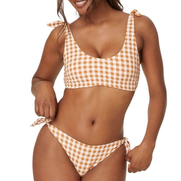 Andie Sparrow Brown Gingham Mandalay Shoulder Tie Bikini Top Sz M NWT - Picture 3 of 12